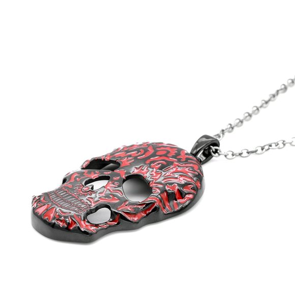 Red Design Skull SST Necklace Black Ion Plating - Picture 3 of 5